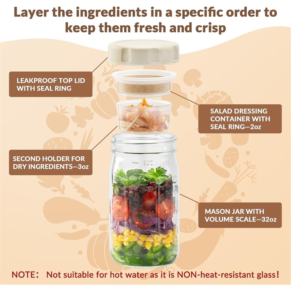 Meal Prep Jar Salad - A67T جديد: مجموعة من 4 أوعية