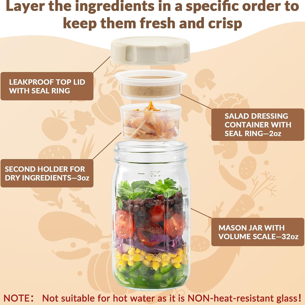 أوعية زجاجية للسلطة مع أغطية ل - مراجعة Meal Prep Jar Salad وسعره